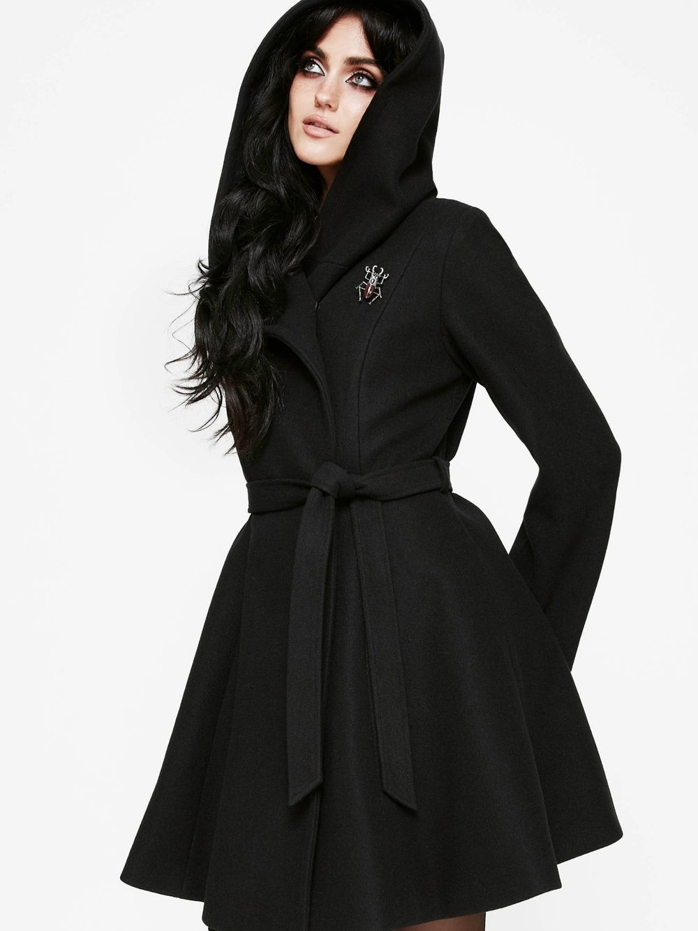 Black Hooded Fit-And-Flare Wool Coat With Waist Tie